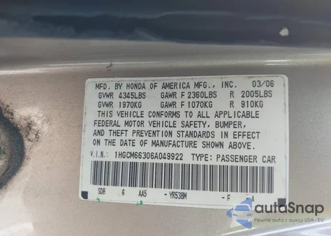 2006 Honda Accord Lx z USA, uszkodzony, nr VIN 1HGCM66306A049922